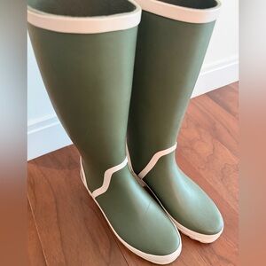J Crew green and cream rain boots. Worn once.